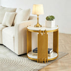 2-Tier Faux Marble End Table with Storge, Round End Table with Gold Metal Frame, Mid Century Modern Couch Sofa Side Tables Bedside Tables for Living Room Bedroom, Circular White Nightstand