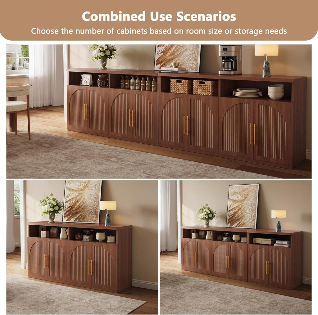 Fluted Buffet Cabinet with Storage, 63" Wide Wood Sideboard Credenza with 4 Doors & Open Storage Shelf, Modern Kitchen Entryway Accent Table for Dining Room Living Room, Kitchen, Hallway, Walnut