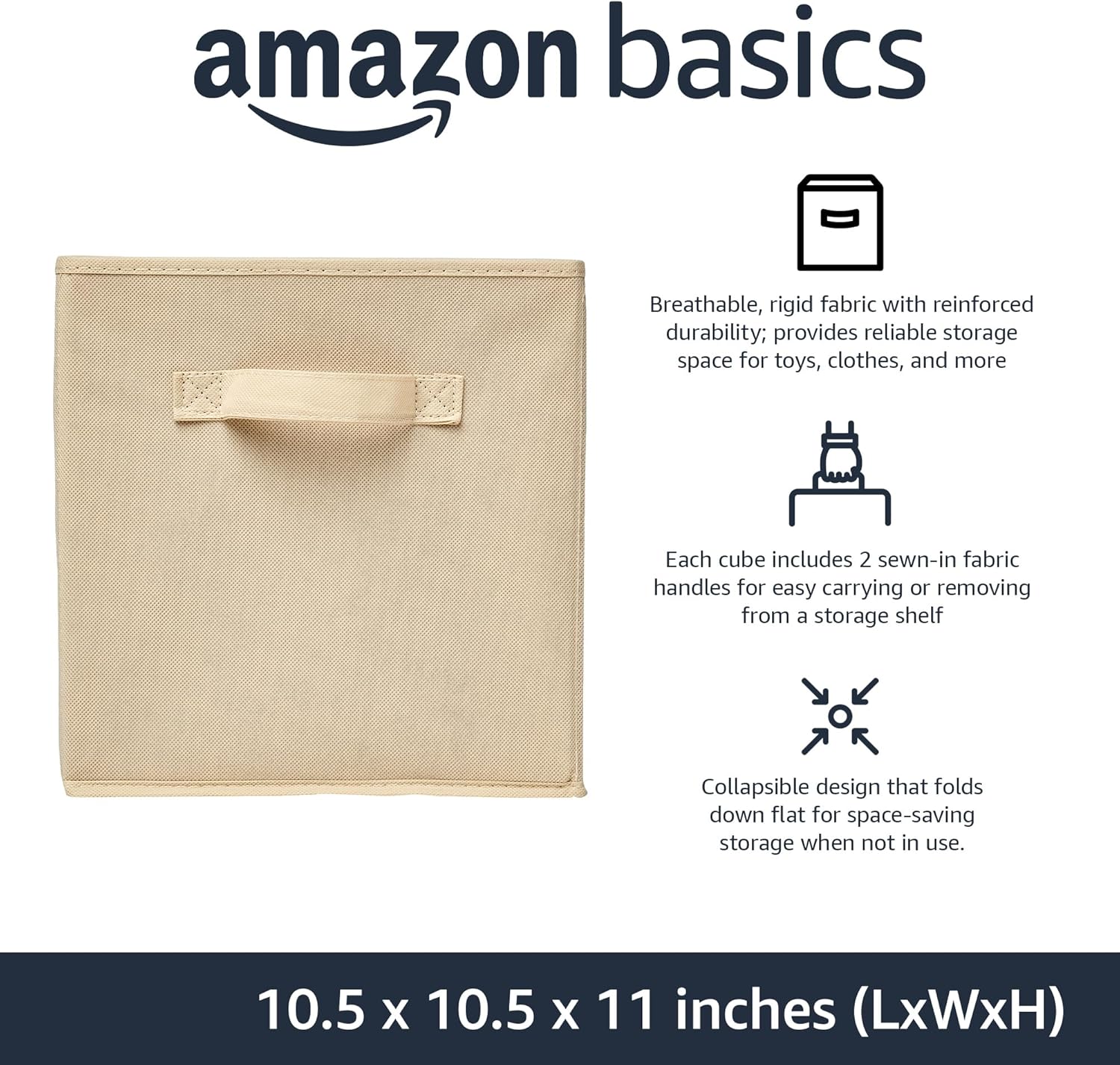Amazon Basics Collapsible Fabric Storage Cubes Organizer with Handles, Sturdy Storage Bins for Organization, 10.5" x 10.5" x 11", Beige, 6-Pack