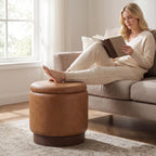 Giantex Round Ottoman with Storage, 360° Swivel Faux Leather Vanity Stool with Removable Lid & Acacia Wood Frame, Ottoman Foot Rest for Living Room, Bedroom, Makeup Room