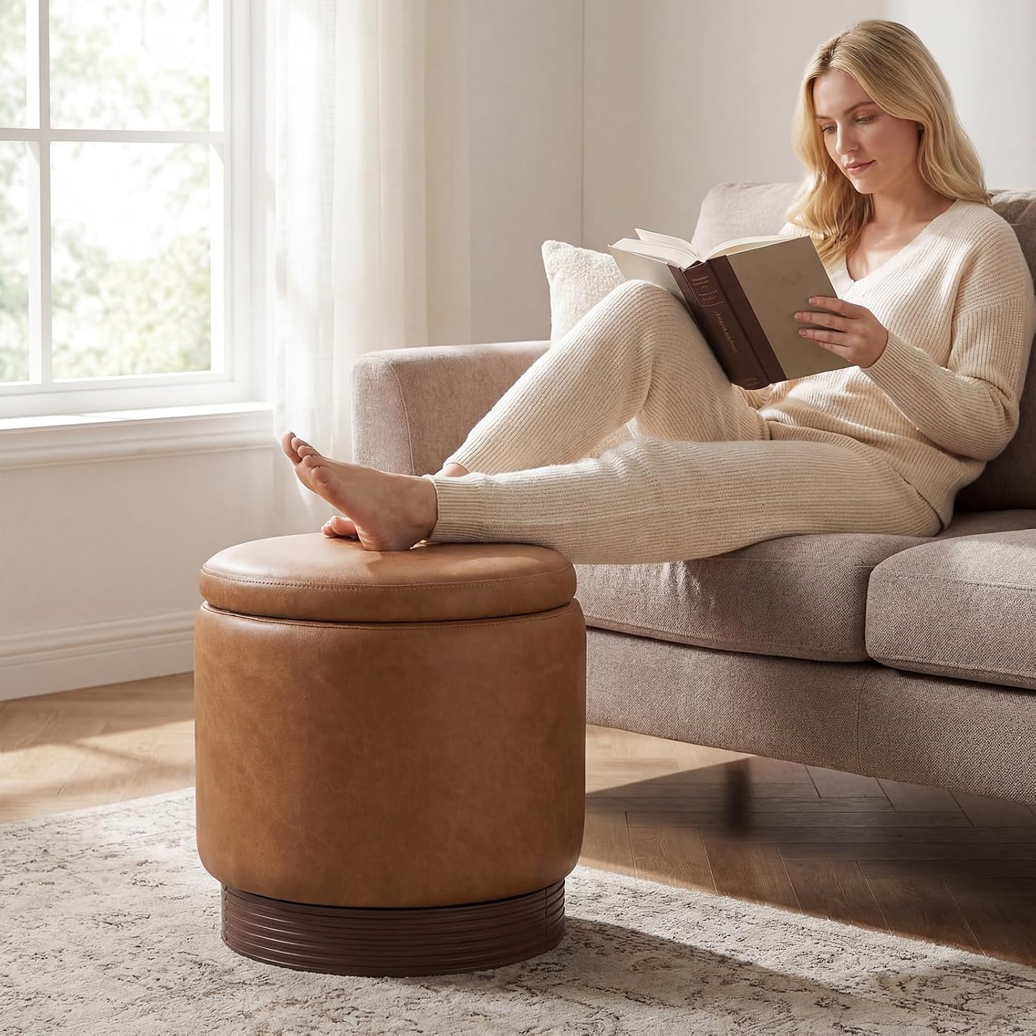 Giantex Round Ottoman with Storage, 360° Swivel Faux Leather Vanity Stool with Removable Lid & Acacia Wood Frame, Ottoman Foot Rest for Living Room, Bedroom, Makeup Room