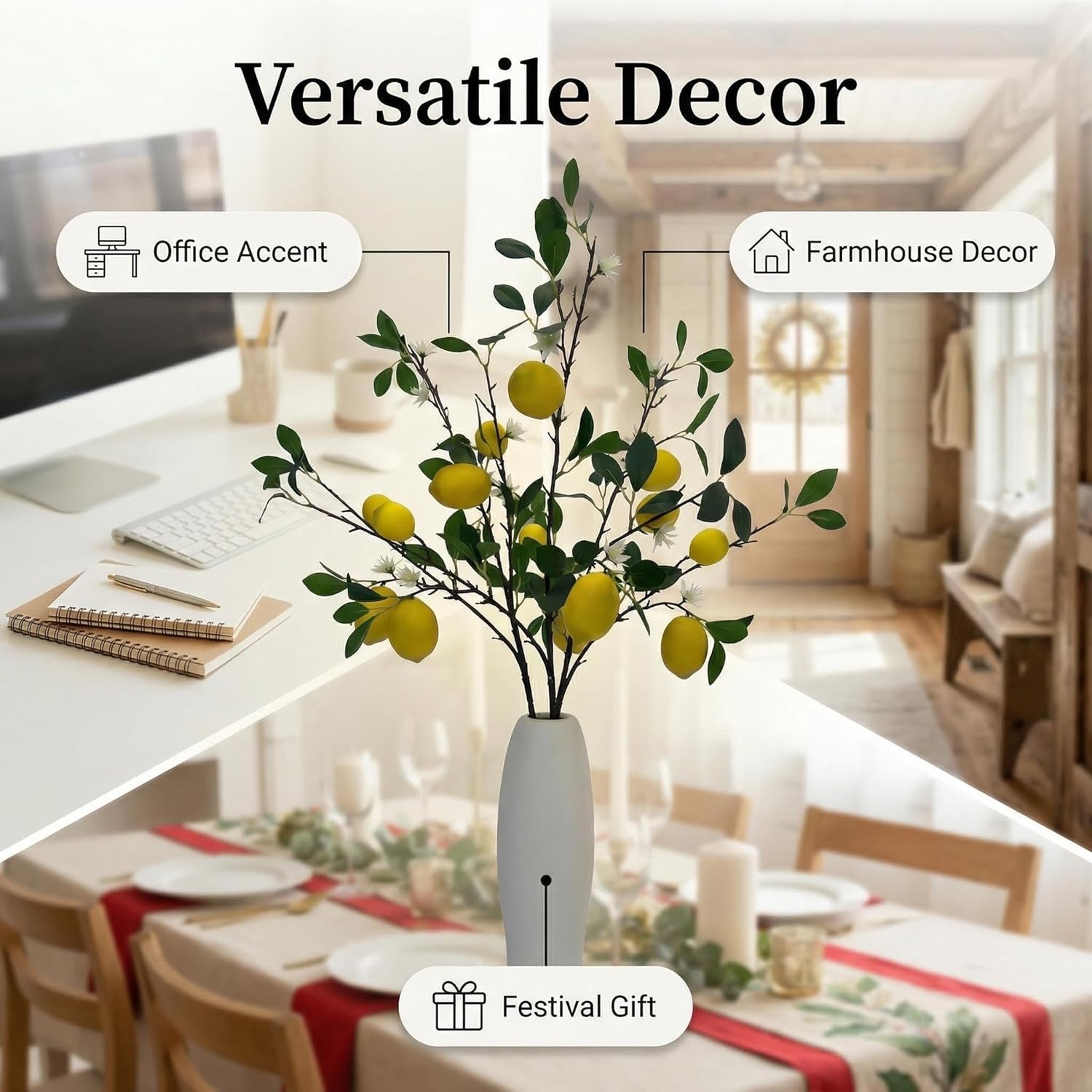 Artificial Lemon Branches Set of 3 – 37" Faux Lemons with Stem for Kitchen Decor Farmhouse Flower Arrangement Table Centerpiece Vase Filler Home Office Party Decoration