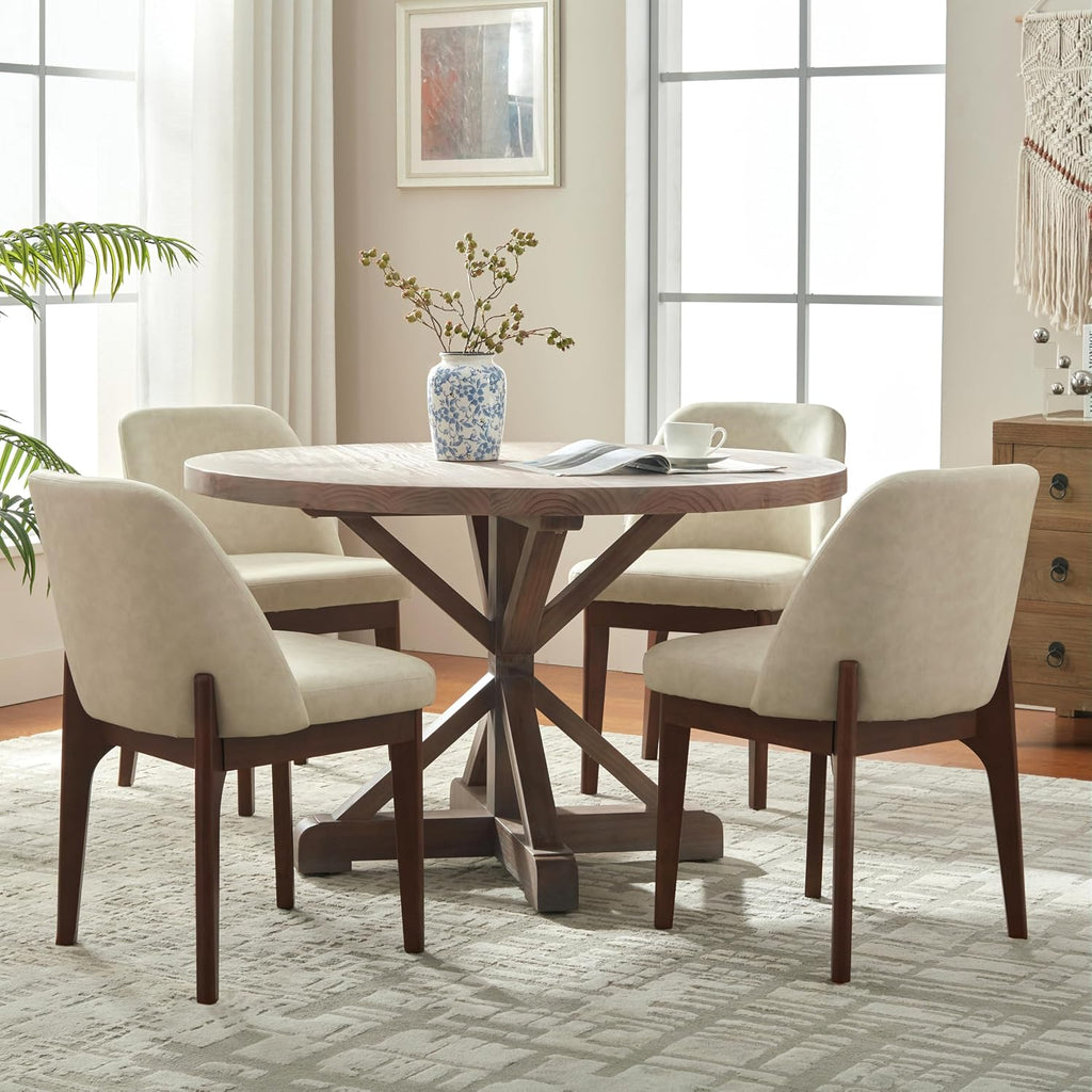 VKNOW Dining Chairs Set of 4, Faux Leather Wooden Kitchen Chairs, Beige | Modern Upholstered Side Chair with Rubberwood Legs for Kitchen Dining Room Restaurant, No Wobble