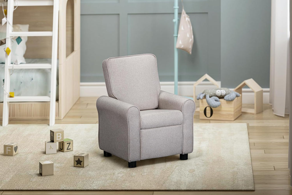 Olive & Opie Jordan Kids/Toddler Push Back Recliner Chair, Lounge Sofa for Boys & Girls Ages 3 and Up, Soft Upholstery, Greige