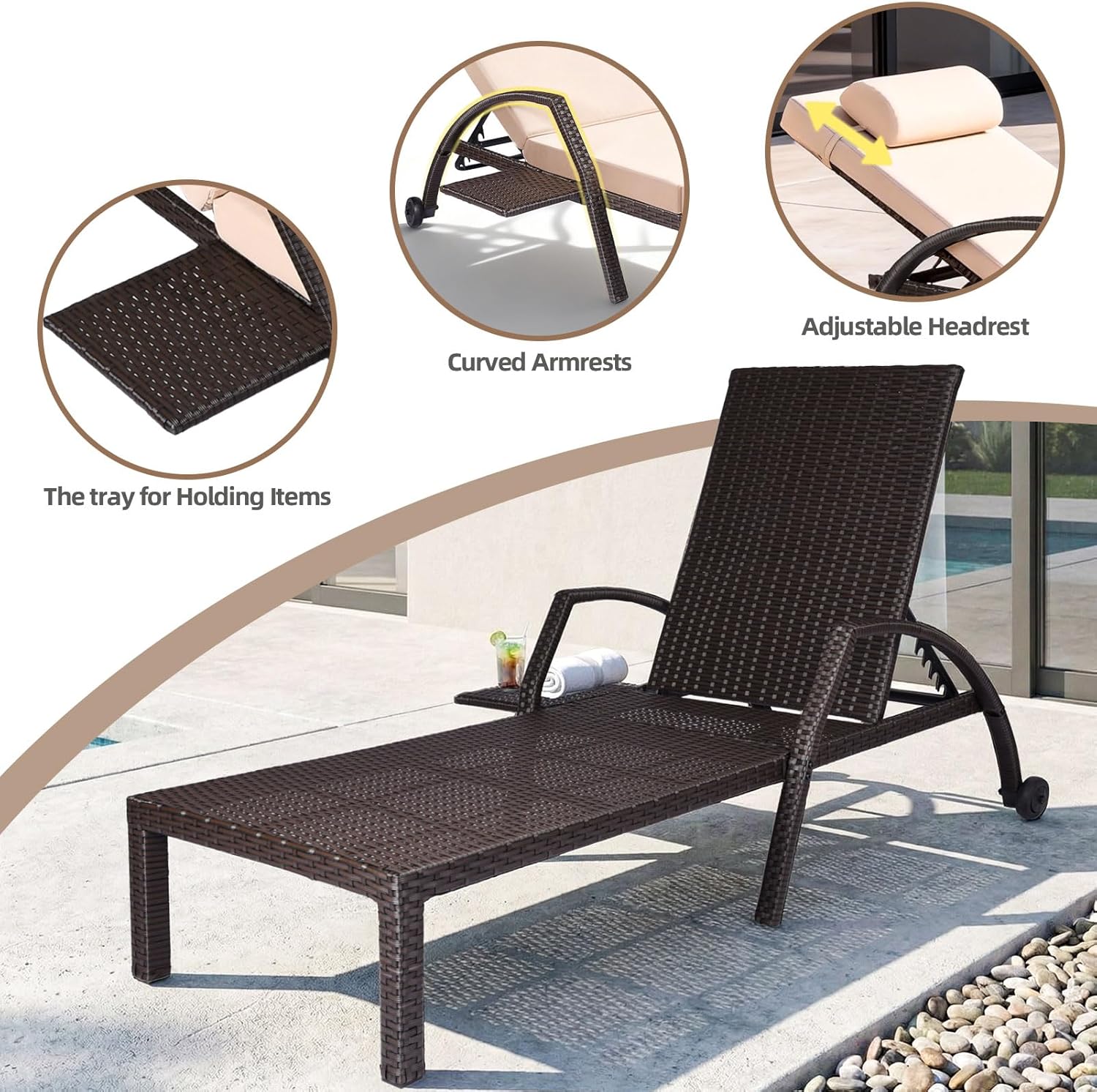 Patio Chaise Lounge Chairs Set of 2 Wicker Pool Lounge Chairs Outdoor with 5 Adjustable Back & Removable Cushion & Tray Tanning Chair Sun Loungers for Patio Poolside Deck Beach