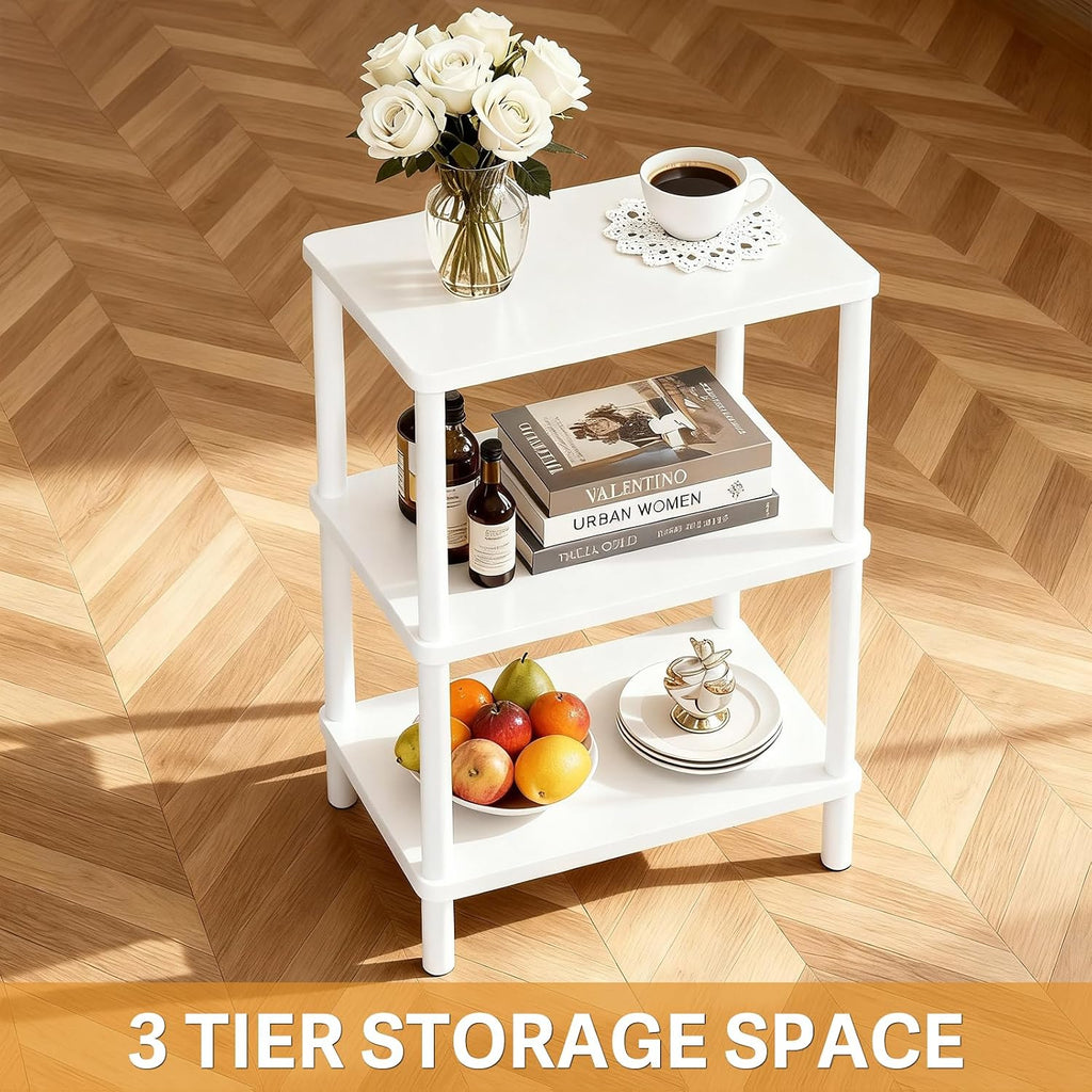 YGYQZ 3 Tier White Side Table ，Small End Table with Solid Wood Legs，28' Tall Bedside Table with Storage Shelf，Nightstand for Small Spaces，Living Room,Bedroom，Bathroom,No Tool Installation