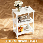 YGYQZ 3 Tier White Side Table ，Small End Table with Solid Wood Legs，28' Tall Bedside Table with Storage Shelf，Nightstand for Small Spaces，Living Room,Bedroom，Bathroom,No Tool Installation