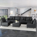 LLappuil Faux Leather Sectional 7-Seater Modular Sofa with Storage, Wide Deep Seat U Shaped Couch for Living Room, Office, Apartment, Rearranged, Waterproof & Easy Clean, Black