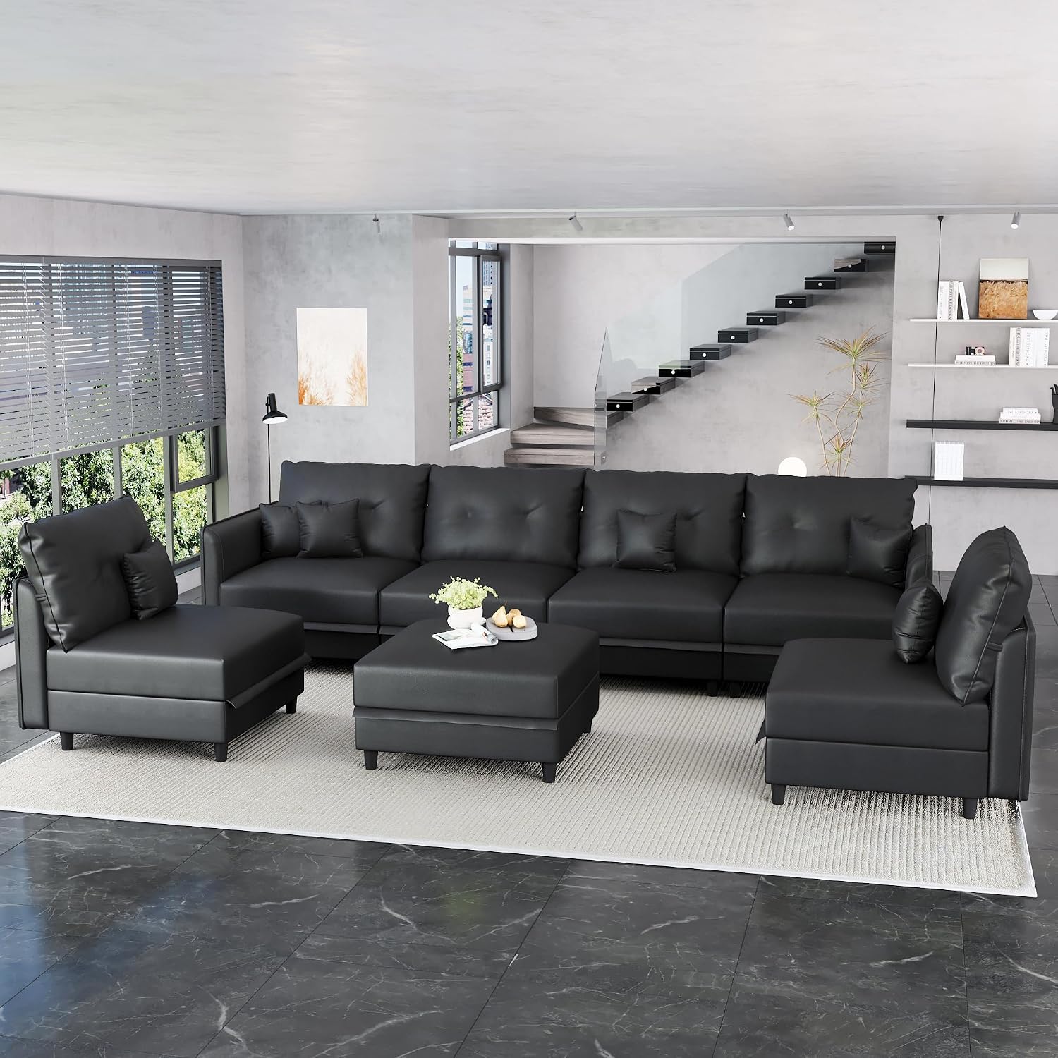 LLappuil Faux Leather Sectional 7-Seater Modular Sofa with Storage, Wide Deep Seat U Shaped Couch for Living Room, Office, Apartment, Rearranged, Waterproof & Easy Clean, Black