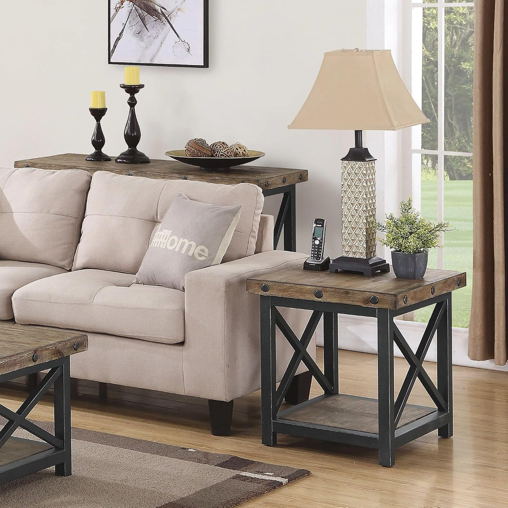 Flexsteel Craftsman Solid Acacia Wood End Table, Rustic Industrial with Lower Shelf, Hand Worked Metal Frame, Distressed Side Table Living Room Furniture, Farmhouse Nightstand (Light Brown)