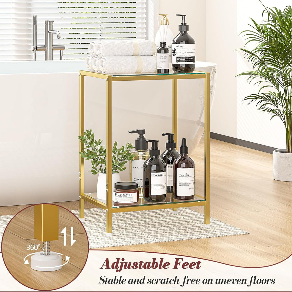 DAOUTIME Side Tables Set of 2, End Tables with Tempered Glass & Metal Frame, Small Nightstands with Storage Shelves, 2-Tier Gold Coffee Table with Modern Style, Slim Sofa Table for Living Room,Bedroom