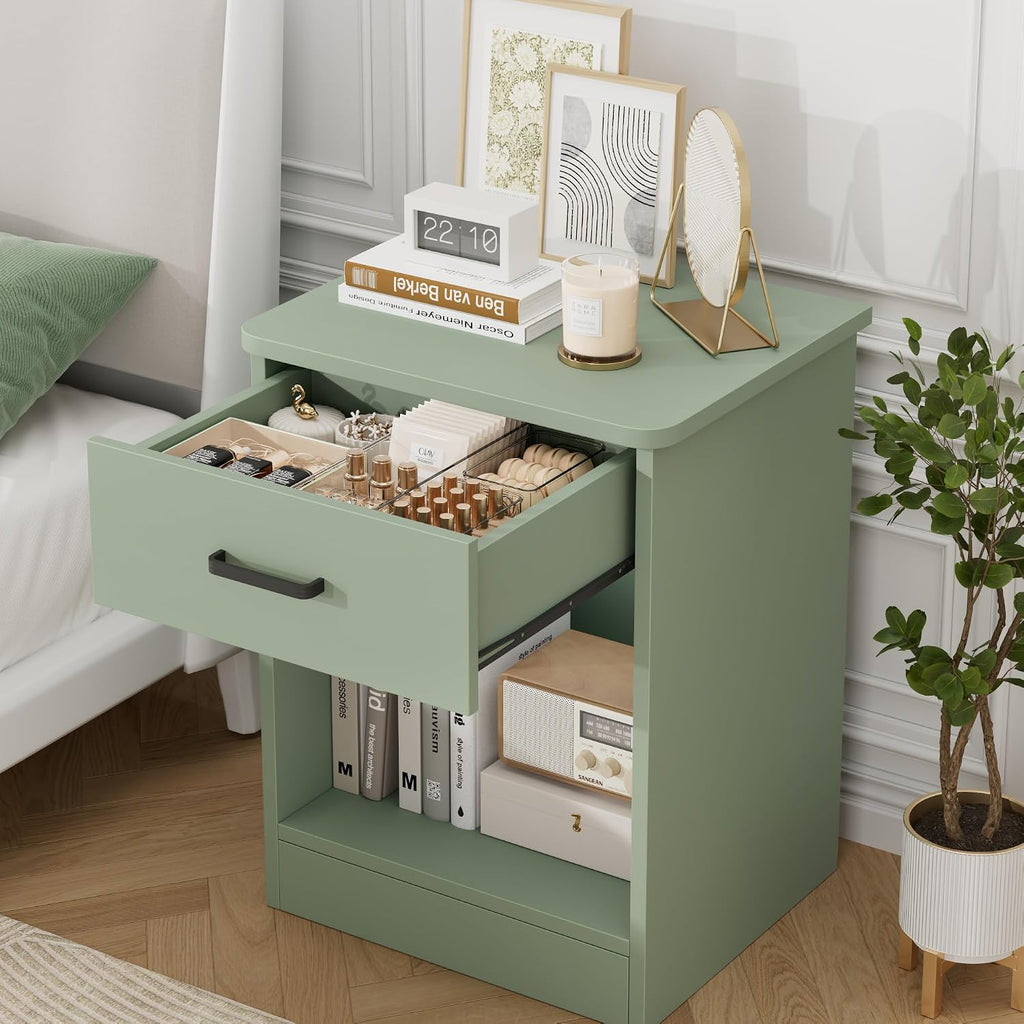 FOTOSOK Nightstand Set of 2 with Drawer and Storage Shelf | Night Stand Bedside Table End Table, Night Stand for Bedroom, Home Office, 15.7"D x 17.7"W x 23.6"H, Green