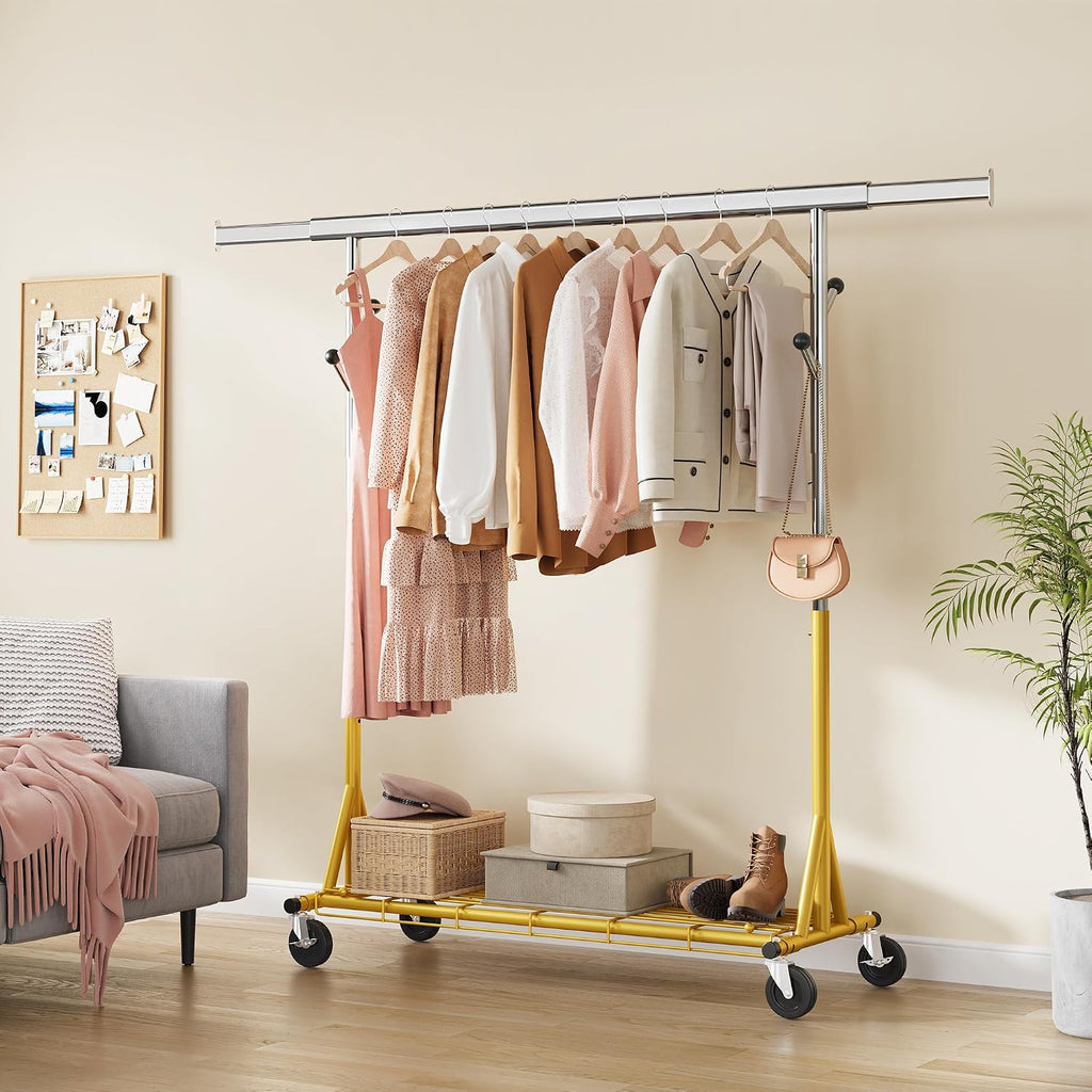 Gewudraw Rolling Clothes Rack Load 530lbs,Heavy Duty Garment Rack With Sturdy Wheel And Shelves, Adjustable Portable Hanging Rack For Clothes, Gold