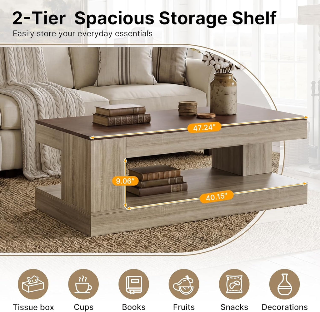 Miereirl Farmhouse Coffee Table with Storage Shelf, 2-Tier Wood Rustic Center Table with LED Light, 47” Rectangular Tea Tables for Living Room, Apartment, Office,Walnut &Light Ash White