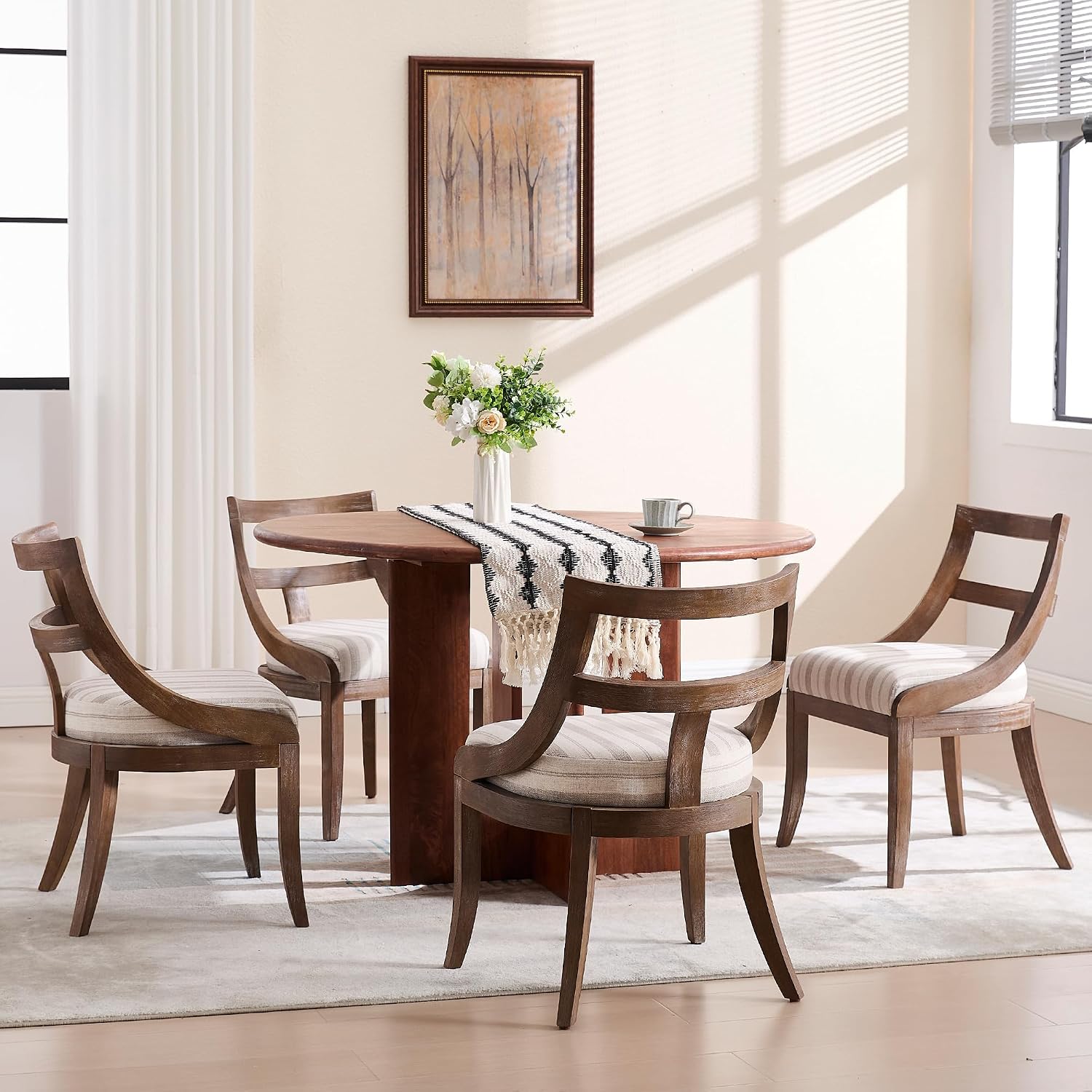 LZAREAL Modern Farmhouse Dining Chairs Set of 4 Mid Century Upholstered Dining Chair with Wooden Curved Back Kitchen Chairs for Dining Room Restaurant Cafe, Brown Walnut Colored-Linen Khaki Stripe