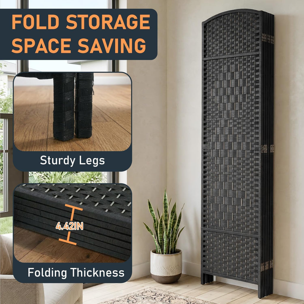 FDW Room Divider 6 Panel Folding Privacy Divider 6 Ft Indoor Wall Divider Portable Partition Wood Screen, Coal Black