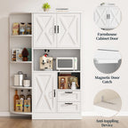 SUNLEI Farmhouse Tall Kitchen Hutch, Pantry Storage Cabinet with Microwave Shelf, Multi-Functional Kitchen Organizers with Cupboard & Drawers for Dining Room, White