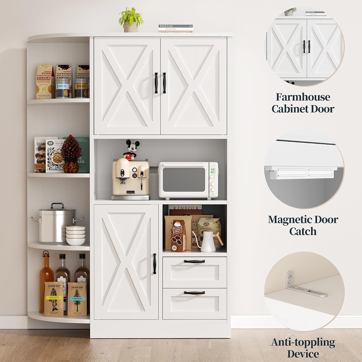 SUNLEI Farmhouse Tall Kitchen Hutch, Pantry Storage Cabinet with Microwave Shelf, Multi-Functional Kitchen Organizers with Cupboard & Drawers for Dining Room, White