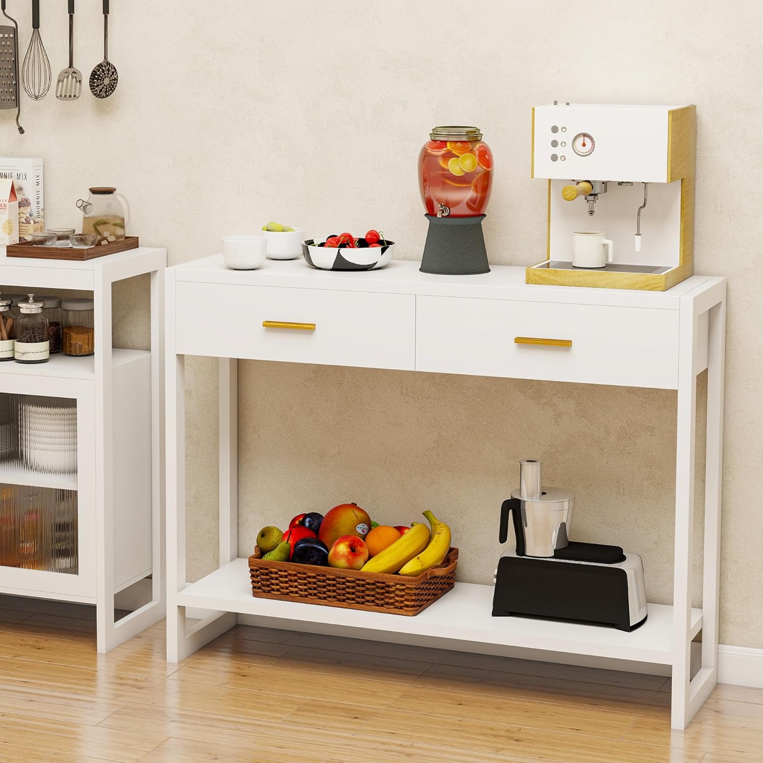 Entryway Table, Console Table with Motion Sensor Light, Sofa Table with 2 Drawers and Storage Shelf, Entryway Cabinet and Sideboard Cabinet for Hallway, Foyer, Living Room, White