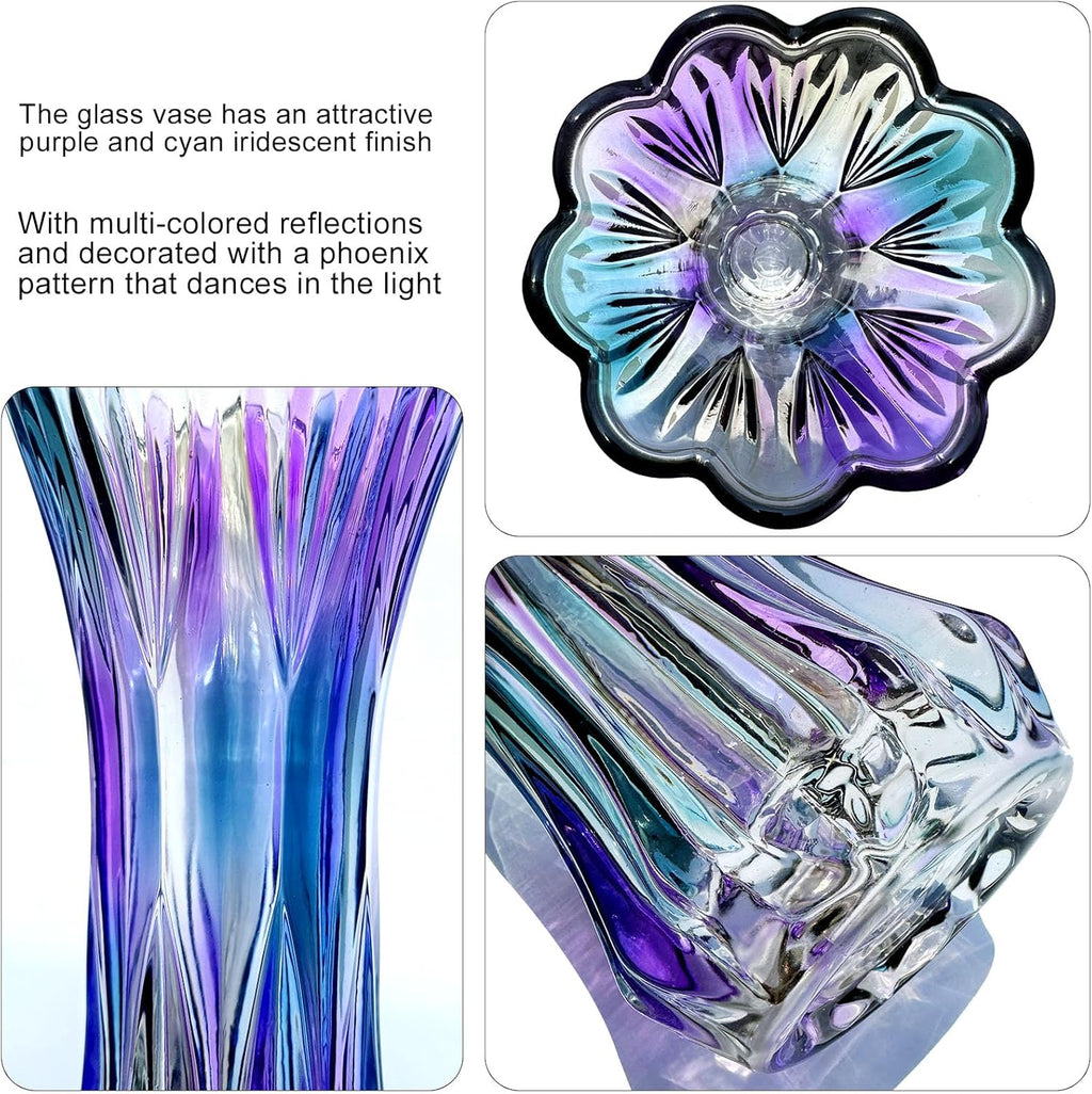 11.2 Inch Glass Vase-Iridescent Purple and Teal Thickened Cylinder Colorful Flower Vase Decor for Home Dining Table Centerpiece Office Wedding Holiday Party