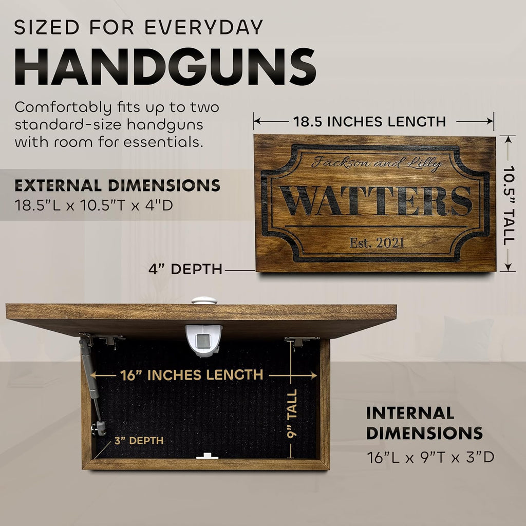 Bellewood Designs Customizable Hidden Gun Storage Wall Decor - Hidden Gun Safe with Family Name & Est Date - Magnetic Locking Concealment Shelf - Gun Concealment Furniture (Provincial)