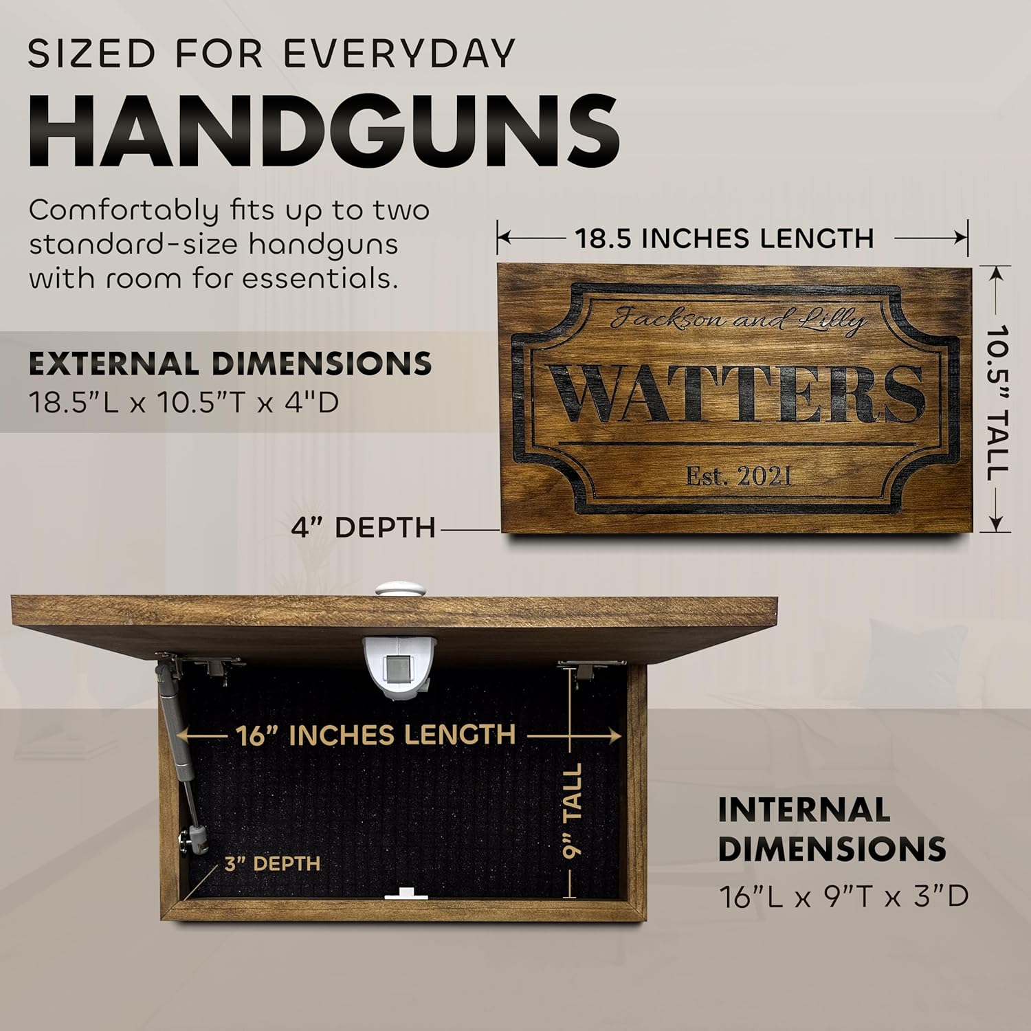 Bellewood Designs Customizable Hidden Gun Storage Wall Decor - Hidden Gun Safe with Family Name & Est Date - Magnetic Locking Concealment Shelf - Gun Concealment Furniture (Provincial)