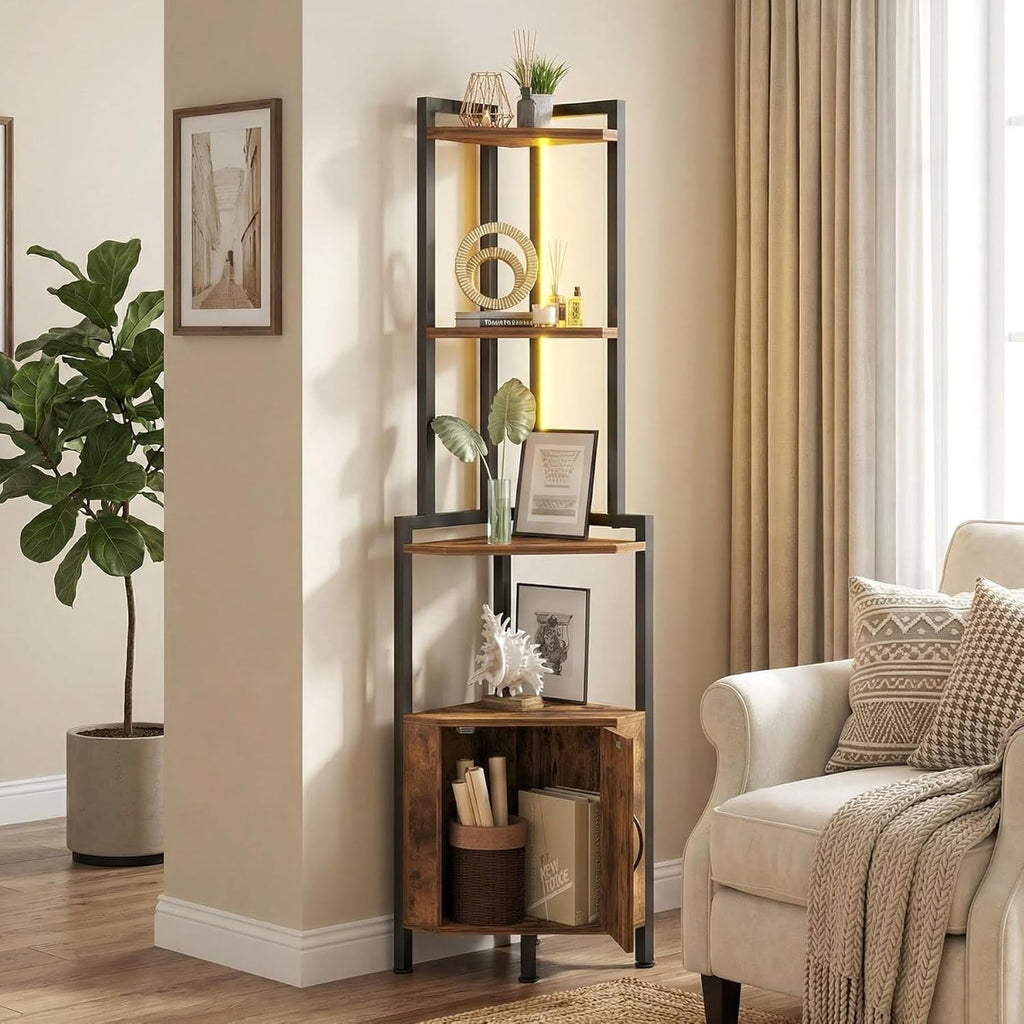 5-Tier LED Corner Cabinet Shelf, Rustic Brown Space-Saving Storage Organizer with Ambient Lighting, Freestanding Modern Farmhouse Shelf for Small Spaces
