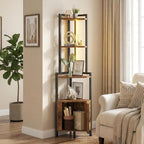 5-Tier LED Corner Cabinet Shelf, Rustic Brown Space-Saving Storage Organizer with Ambient Lighting, Freestanding Modern Farmhouse Shelf for Small Spaces