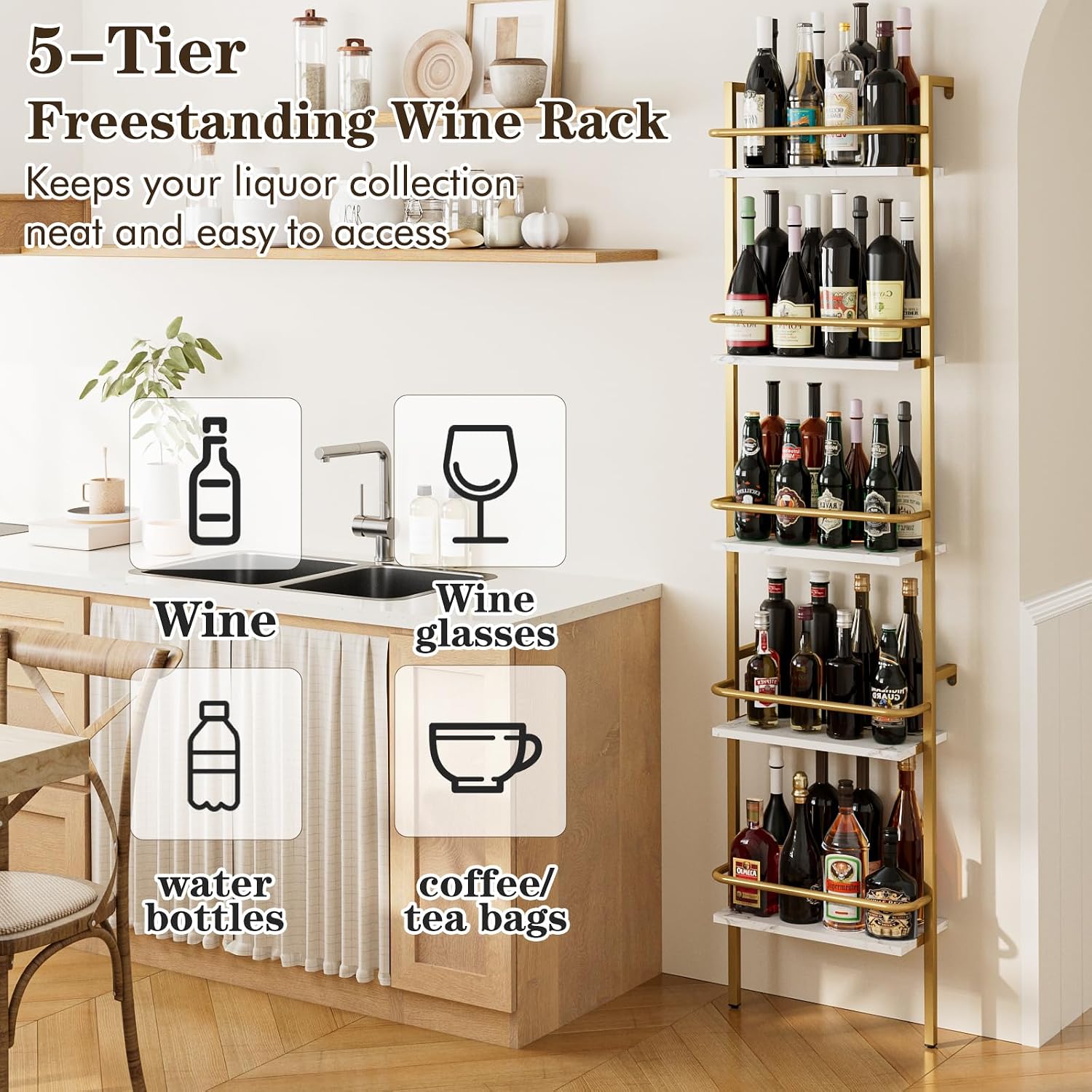 5-Tier Wine Rack Wall Mounted, Wine Racks Freestanding Floor with Fences, 50 Bottles Wine Bottle Holder Liquor Cabinet Bar Shelves for Home, Kitchen, Dining Room (Gold)