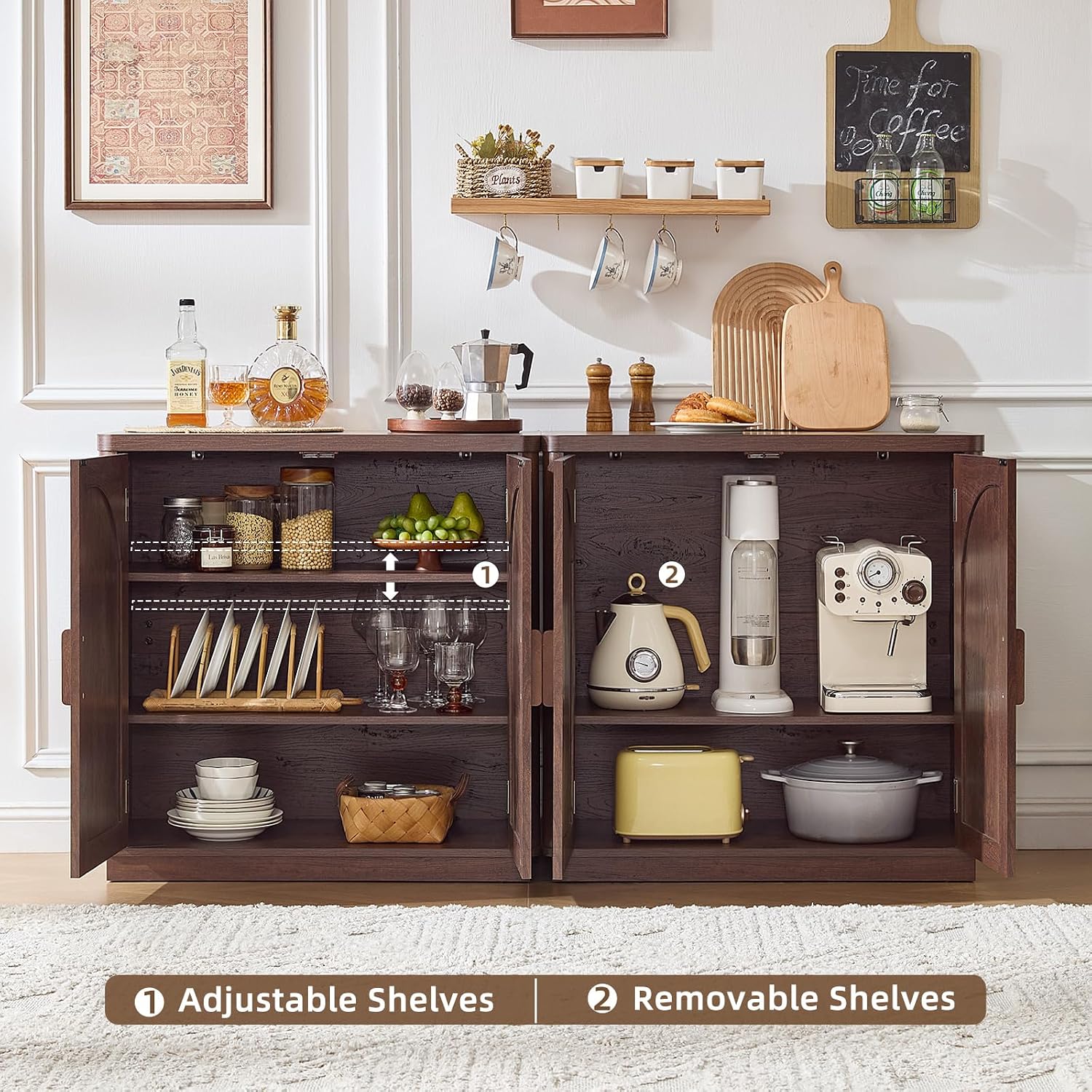 LEYAOYAO Rattan Sideboard Buffet Cabinet with Storage, 31.5" Coffee Bar Cabinet with Arch Doors & Adjustable Shelves, Wood Credenza, Boho Accent Cabinet for Kitchen, Living Room, Walnut