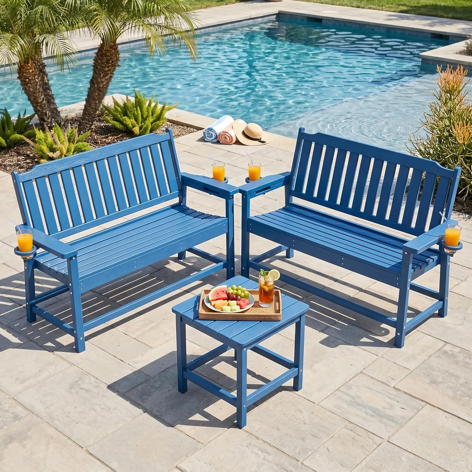 Outdoor Bench with Cup Holder Weatherproof HDPE Fade Resistant Garden Bench 660 lbs Bearing 2-Seat Front Porch Furniture for Patio, Backyard (Blue)