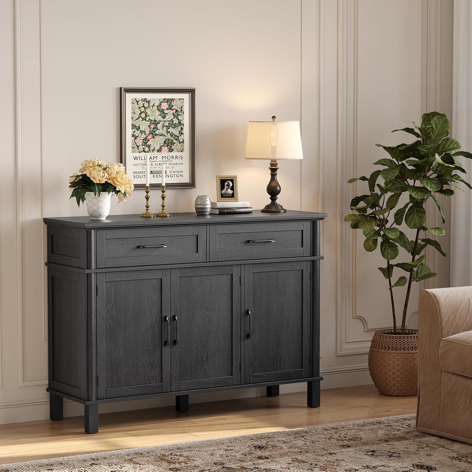 48 Inch Sideboard Buffet Cabinet with Storage, Farmhouse Coffee Bar Cabinet with 2 Drawers, Adjustable Shelves, Wood Sideboard Credenza for Kitchen, Living Room, Entryway, Black