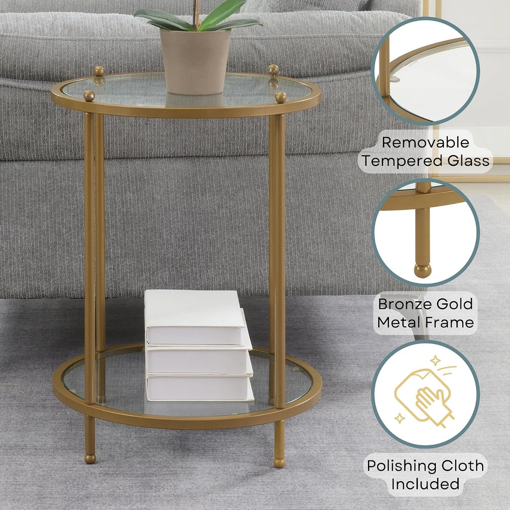 Convenience Concepts Royal Crest Glass Round End Table 18" - 2 Tier Modern, Contemporary Side Accent with Storage Shelf for Glam Living or Family Room, Bronze Gold
