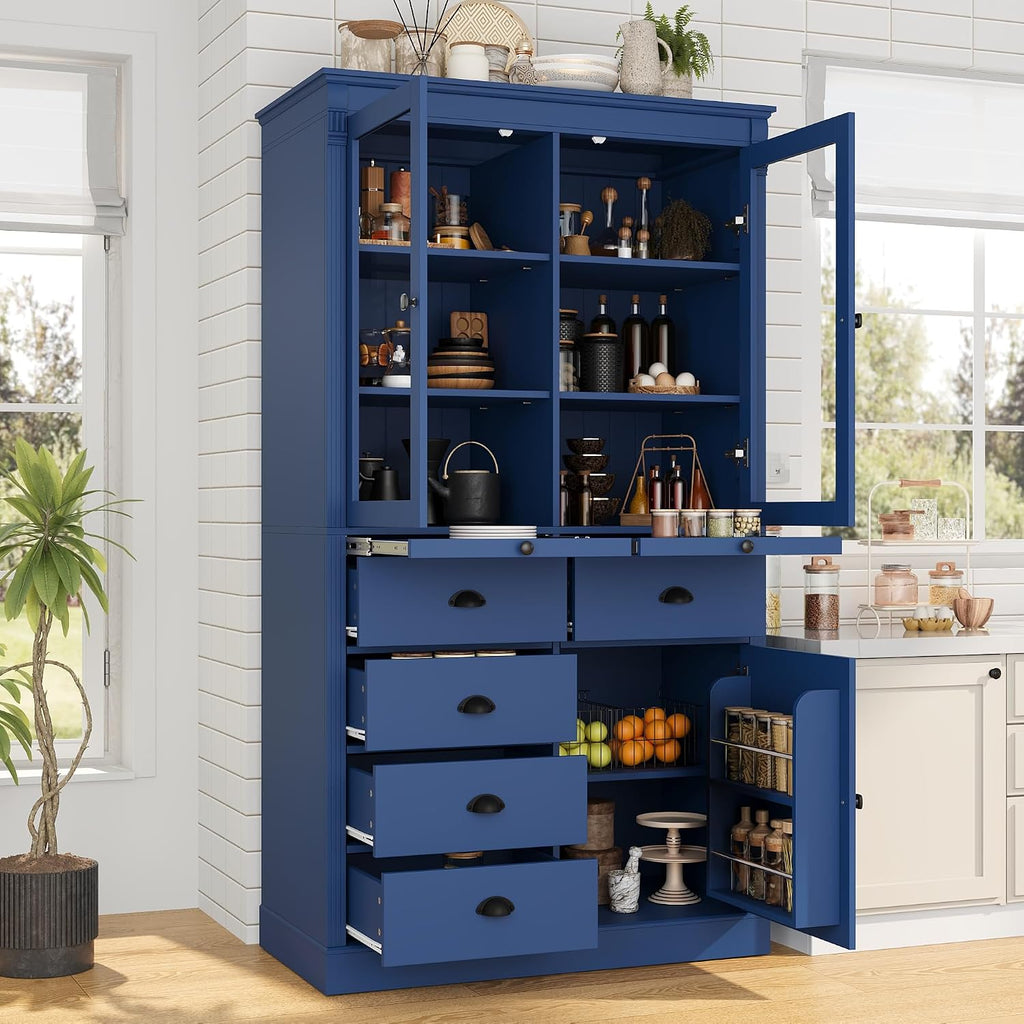 72''H Kitchen Pantry Cabinet, Vintage Storage Cupboard with 2 Glass Doors, Drawers, Serving Trays and Shelves, Freestanding Coffee Bar Cabinet for Dining Room Living Room, Blue