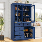72''H Kitchen Pantry Cabinet, Vintage Storage Cupboard with 2 Glass Doors, Drawers, Serving Trays and Shelves, Freestanding Coffee Bar Cabinet for Dining Room Living Room, Blue