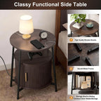 DHH Round End Tables with Charging Station, Fluted Accent Side Table with Sliding Door, Mid-Century Modern Nightstand for Small Space Storage, Living Room, Bedroom,Sofa Couch(1, Dark Walnut)