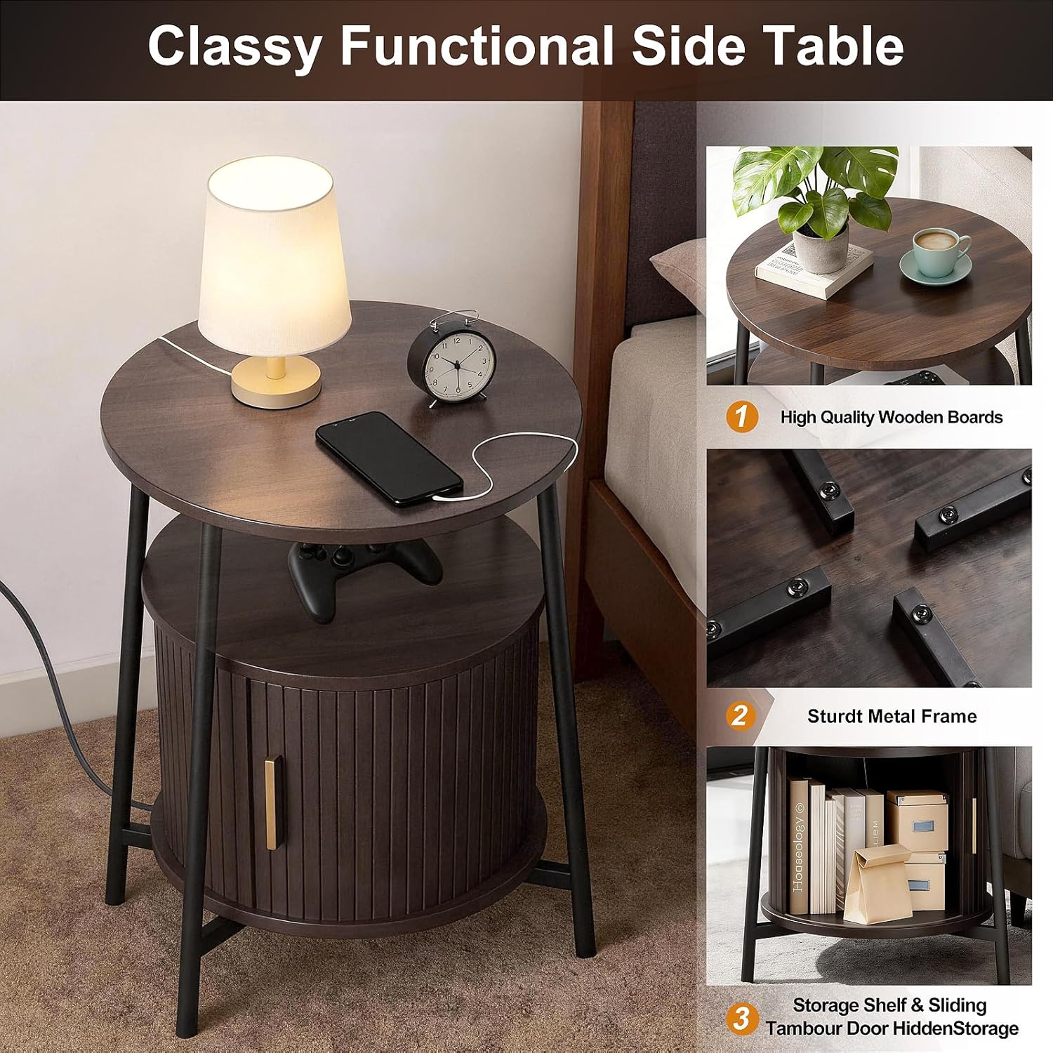 DHH Round End Tables with Charging Station, Fluted Accent Side Table with Sliding Door, Mid-Century Modern Nightstand for Small Space Storage, Living Room, Bedroom,Sofa Couch(1, Dark Walnut)