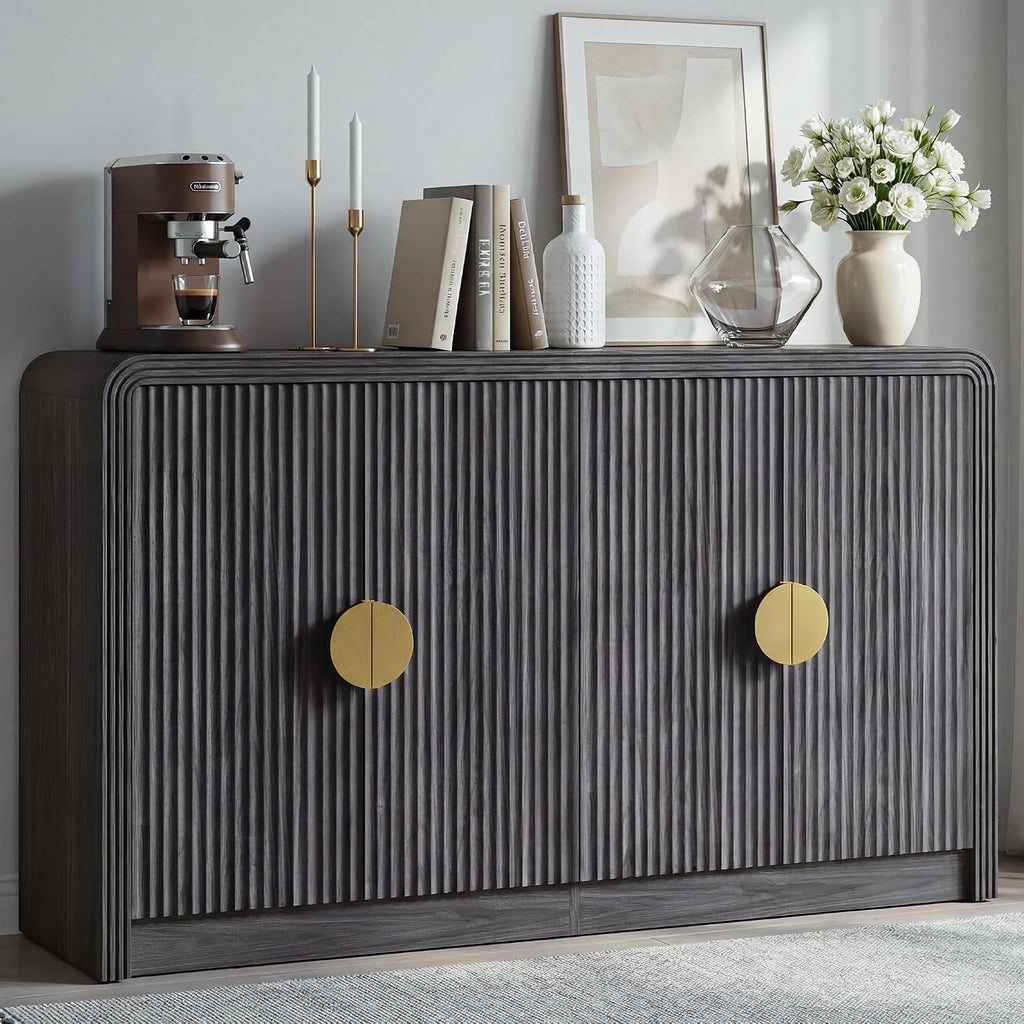 Decofy 55" Buffet Sideboard Cabinet, Mid Century Modern Console Cabinet with Wavy Grain Doors & Adjustable Shelves for Kitchen Cabinets, Living Room, Entryway, Coffee Bar Cabinet, Black Walnut