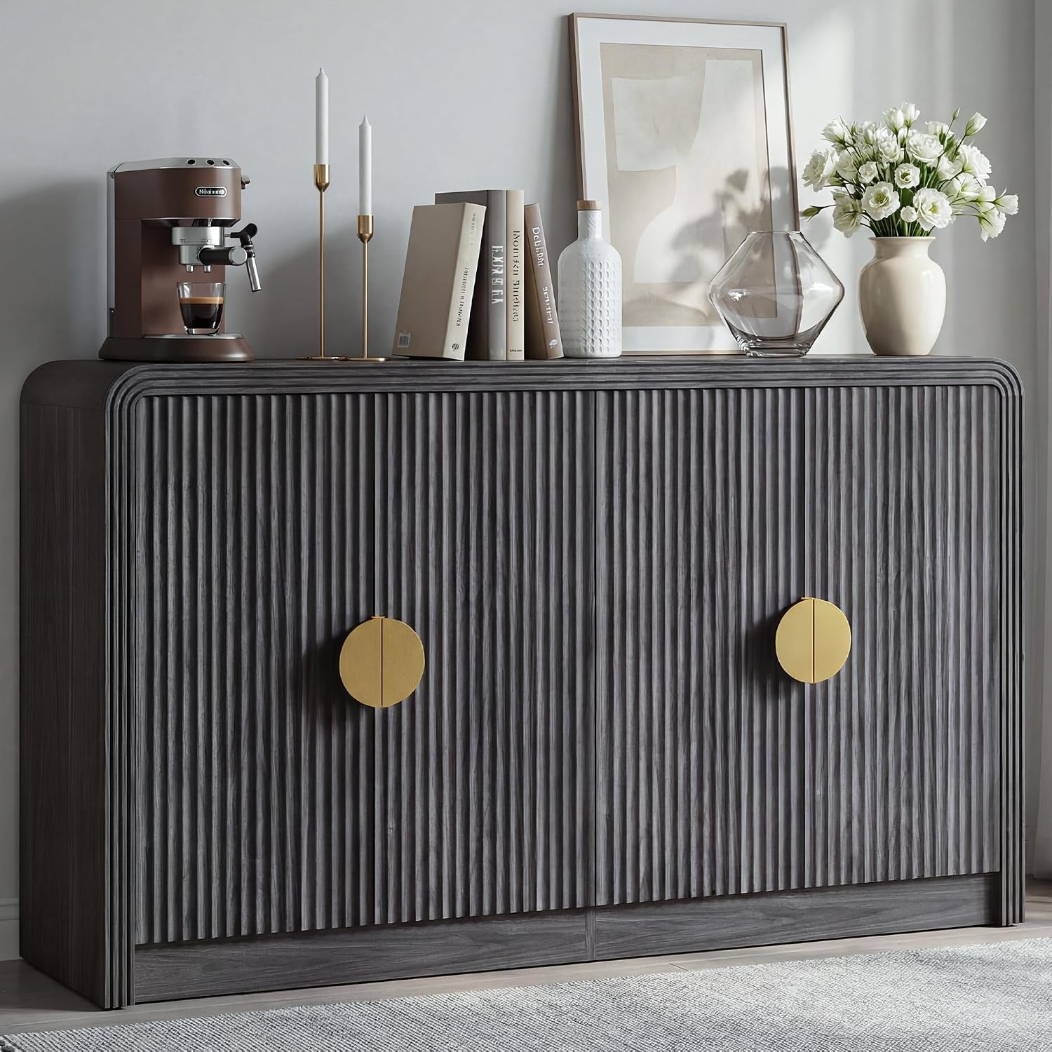 Decofy 55" Buffet Sideboard Cabinet, Mid Century Modern Console Cabinet with Wavy Grain Doors & Adjustable Shelves for Kitchen Cabinets, Living Room, Entryway, Coffee Bar Cabinet, Black Walnut