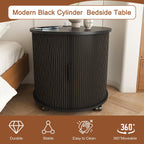 Mid Century Modern Side Tables Living Room with Charging Station, Small Side Table with Sliding Door, 24" Large Round End Tables Living Room with 2-Tier Storage, Black Nightstand for Bedroom, Entryway