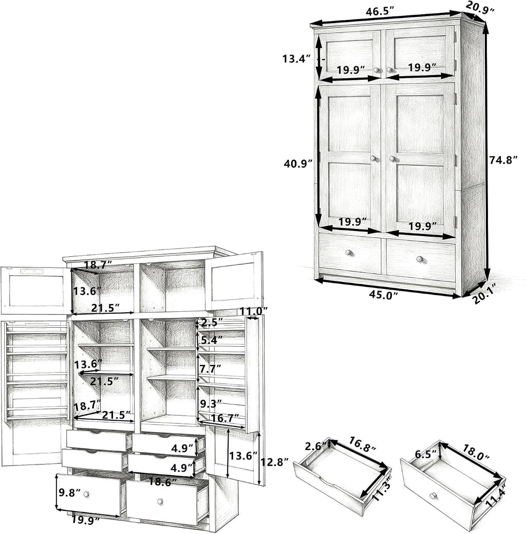 74.8" Tall Kitchen Pantry Cabinet with 4 Doors 6 Drawers 4 Pull-Out Trays, Freestanding Kitchen Cabinet Organizer for Dining Room Living Room, Pantry Cabinets for Kitchen Storage(White)