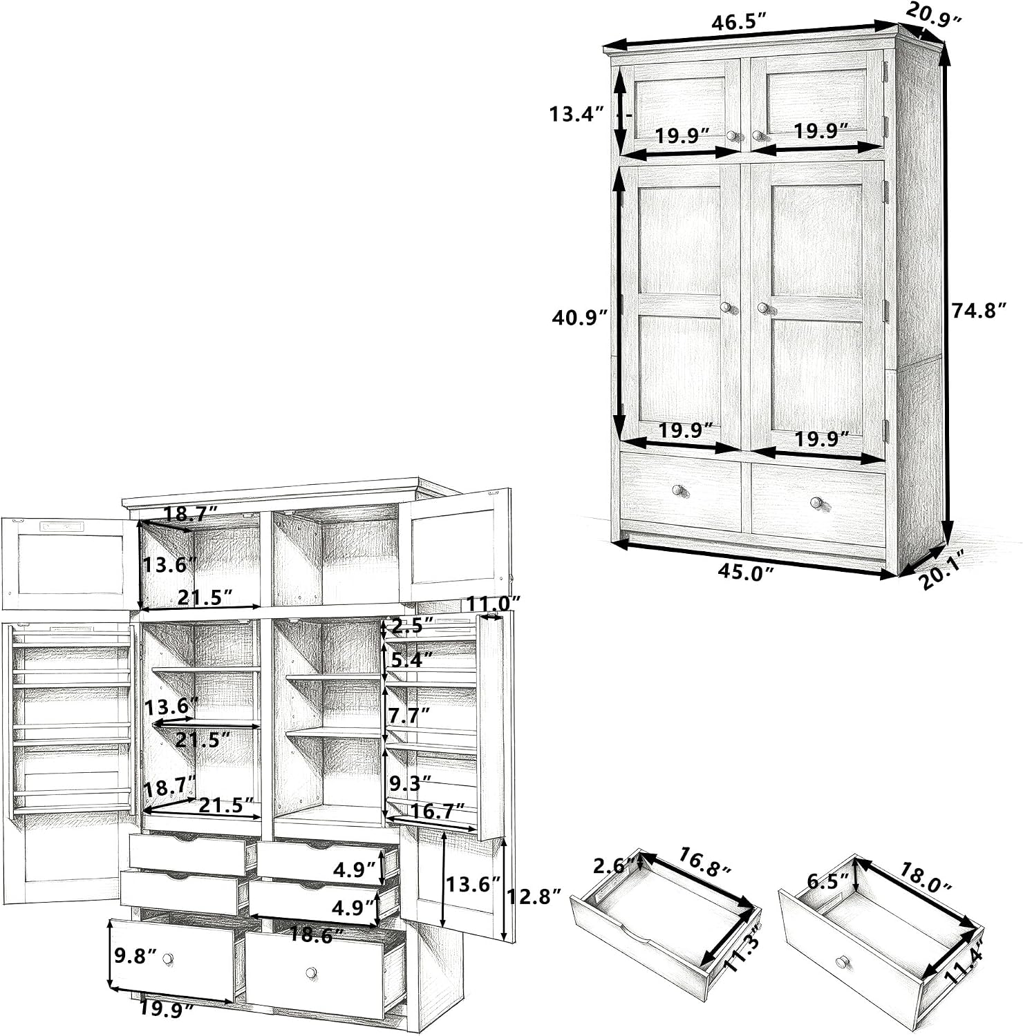 Tall Kitchen Pantry Cabinet with Adjustable Shelves, Freestanding Large Cupboard with 8 Door Shelves, 4 Pull-Out Trays, 6 Drawers for Kitchen, Dining Room (Grey)
