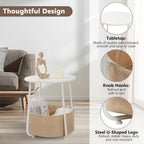 Round Side Table, End Tables for Living Room, Small Bed Side Table, Modern White Night Stand for Bedside, Nursery, Bedroom with Cloth Storage Basket