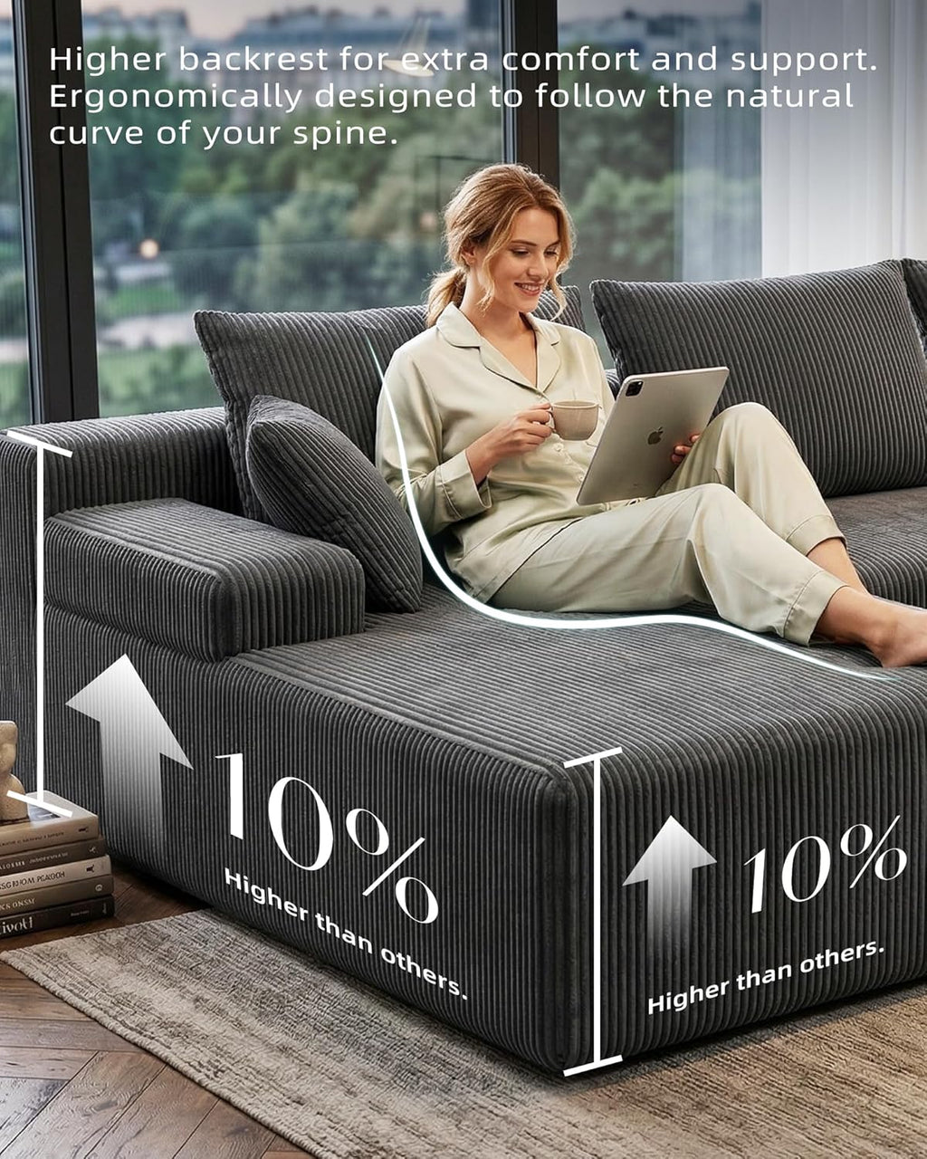 Lifelink 108" Boneless Couch L-Shaped Modular Sectional: Couches for Living Room - Cloud Sofa with Deep Seat High Back - Oversized Left Facing Chaise - No Assembly Required - Grey