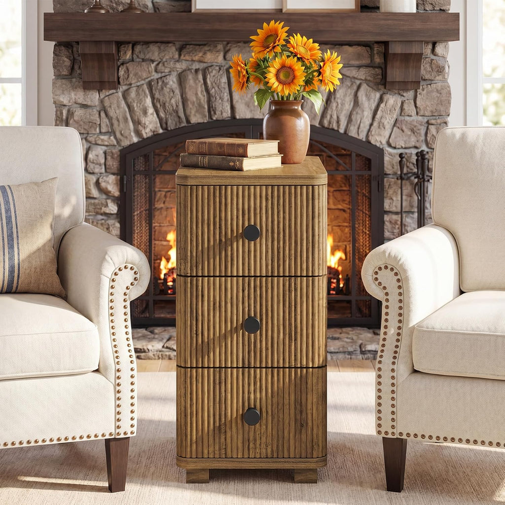 Tribesigns End Table with 3 Drawers, Farmhouse Fluted Narrow Side Table, Wood Slim Sofa Side Table for Small Spaces, Rustic Nightstand with Storage for Living Room Bedroom