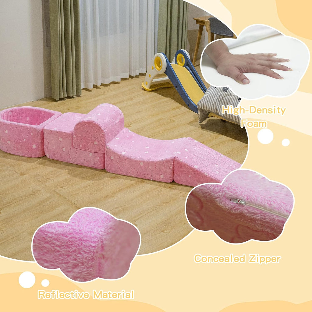 Lamerge Kids Couch, 5-in1 Modular Sectional Toddler Playing Sofa, Glow-in-The-Dark Climbing Blocks Toys, Multi-Combination, Ages 1-3, Hands-on Skills and Imagination (Pink Cloud, B)