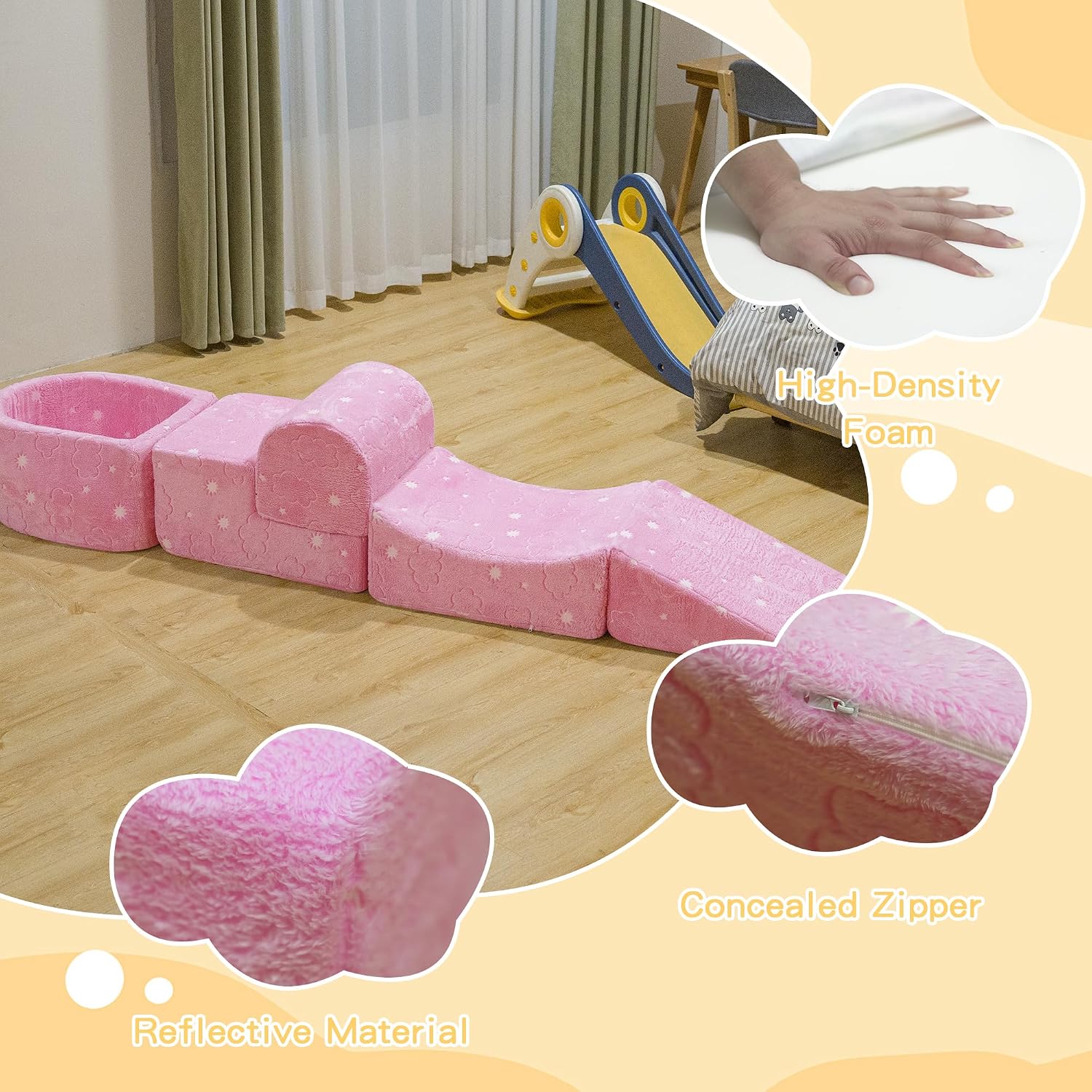 Lamerge Kids Couch, 5-in1 Modular Sectional Toddler Playing Sofa, Glow-in-The-Dark Climbing Blocks Toys, Multi-Combination, Ages 1-3, Hands-on Skills and Imagination (Pink Cloud, B)