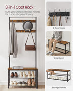 VASAGLE Coat Rack, Hall Tree with Shoe Storage Bench, Entryway Bench with Shoe Storage, 3-in-1, Steel Frame, for Entryway, 12.6 x 27.6 x 68.9 Inches, Industrial, Rustic Brown and Black UHSR41BX