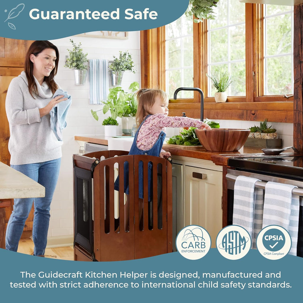 Guidecraft Kitchen Helper® Toddler Tower Step Stool - Contemporary - Natural: Folding Adjustable Height Montessori Wooden Learning Furniture with Keepers