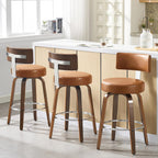 Bekrvio Swivel Counter Height Bar Stools Set of 3, 26" Faux Leather Kitchen Stools Upholstered Barstools with Back and Walnut Wood Legs, Mid Century Island Chairs Counter Stools, Brown